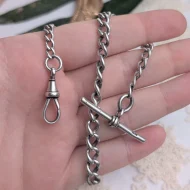 Antique Sterling Silver Albert Watch Chain, T Bar Dog Clip Graduated 1902 Edwardian - Image 15
