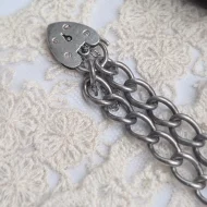 Vintage Sterling Silver Padlock Bracelet, Charm Heart Curb Link 1970 - Image 3