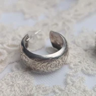 Vintage Silver Hoop Earrings, Etched Open Half Boho - Image 3