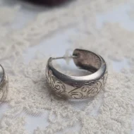 Vintage Silver Hoop Earrings, Etched Open Half Boho - Image 4