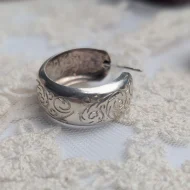 Vintage Silver Hoop Earrings, Etched Open Half Boho - Image 6