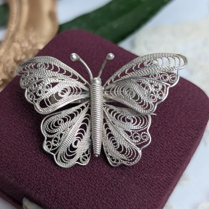 Vintage Silver Butterfly Filigree Brooch Pin