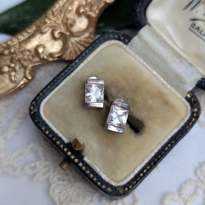 Sterling Silver CZ Rectangle Studs