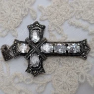 Sterling Silver CZ Marcasite Cross Pendant, Heavy Religious - Image 11