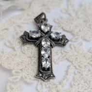 Sterling Silver CZ Marcasite Cross Pendant, Heavy Religious - Image 10