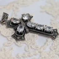 Sterling Silver CZ Marcasite Cross Pendant, Heavy Religious - Image 4