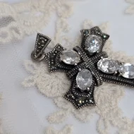 Sterling Silver CZ Marcasite Cross Pendant, Heavy Religious - Image 3