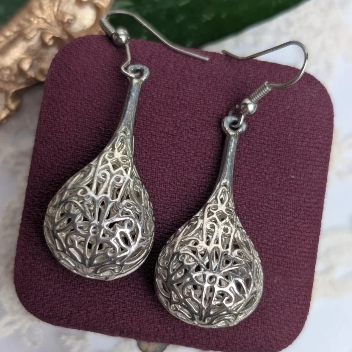 Silver Ornate Heart Scroll Dangle Earrings