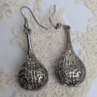 Silver Ornate Heart Scroll Dangle Earrings, Water Drop - Image 2