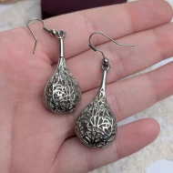Silver Ornate Heart Scroll Dangle Earrings, Water Drop - Image 5