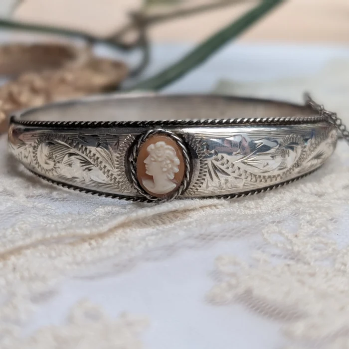 Vintage Sterling Silver Hinged Cameo Bangle