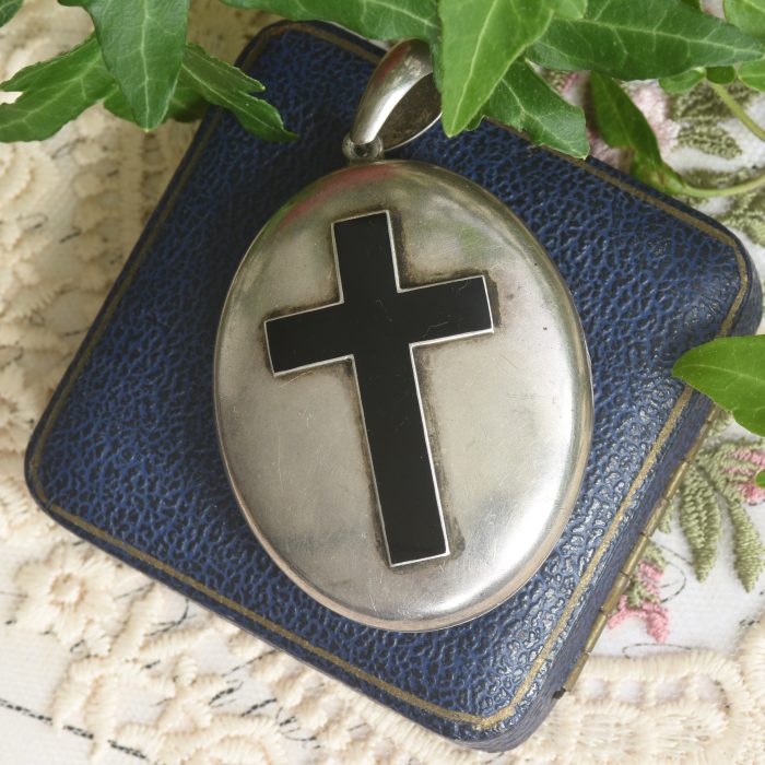 Antique Silver Black Cross Double Photo Locket Victorian Pendant Heavy Enamel
