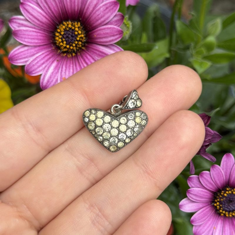 Vintage Sterling Silver Paste Heart Pendant Pave Set Yellow Clear Stones