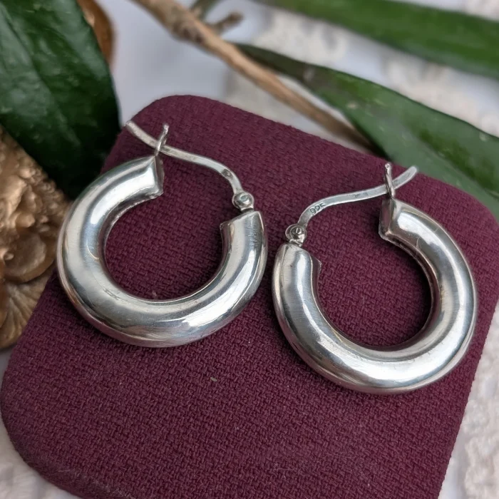 Vintage Sterling Silver Chunky Hollow Hoop Earrings Retro