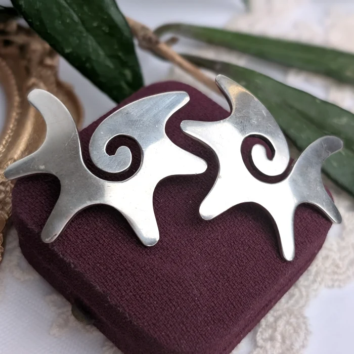 Vintage Sterling Silver Sun Star Taxco Earrings Large Modernist
