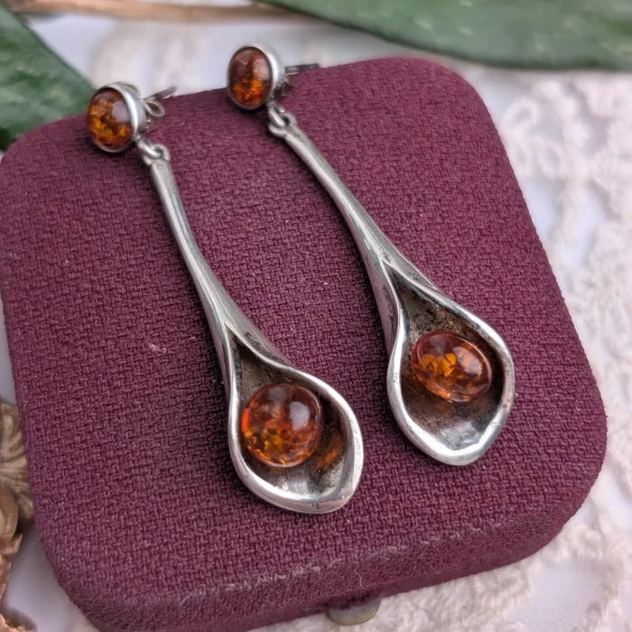 Vintage Sterling Silver Calla Lily Amber Flower Dangle Drop Earrings