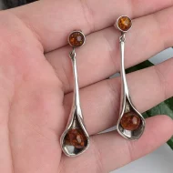 Vintage Sterling Silver Calla Lily Amber Flower Dangle Drop Earrings - Image 2