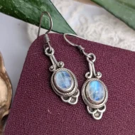 Vintage Sterling Silver Ornate Oval Moonstone Dangle Drop Earrings