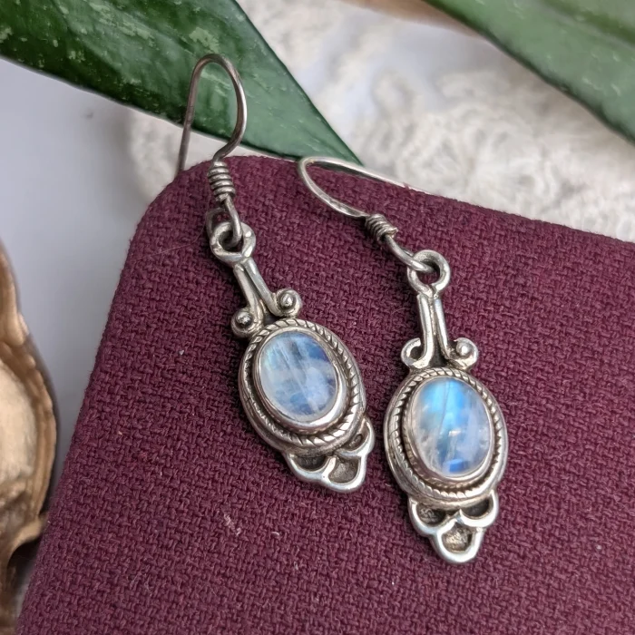 Vintage Sterling Silver Ornate Oval Moonstone Dangle Drop Earrings