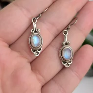 Vintage Sterling Silver Ornate Oval Moonstone Dangle Drop Earrings - Image 3