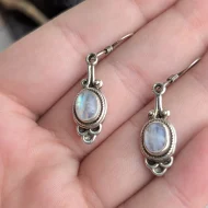 Vintage Sterling Silver Ornate Oval Moonstone Dangle Drop Earrings - Image 2