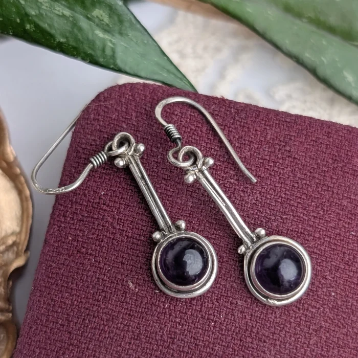 Vintage Sterling Silver Round Amethyst Dangle Earrings Drop 925