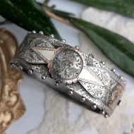 Antique Victorian Sterling Silver Rose Hinged Bangle Gold Accents Hallmarked 1880s