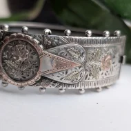 Antique Victorian Sterling Silver Rose Hinged Bangle Gold Accents Hallmarked 1880s - Image 19
