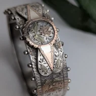 Antique Victorian Sterling Silver Rose Hinged Bangle Gold Accents Hallmarked 1880s - Image 6