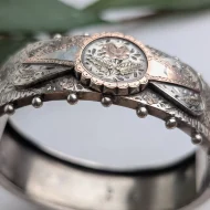 Antique Victorian Sterling Silver Rose Hinged Bangle Gold Accents Hallmarked 1880s - Image 4