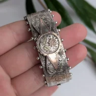 Antique Victorian Sterling Silver Rose Hinged Bangle Gold Accents Hallmarked 1880s - Image 3
