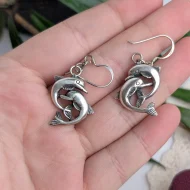 Vintage Sterling Silver Double Dolphin Drop Earrings - Image 2