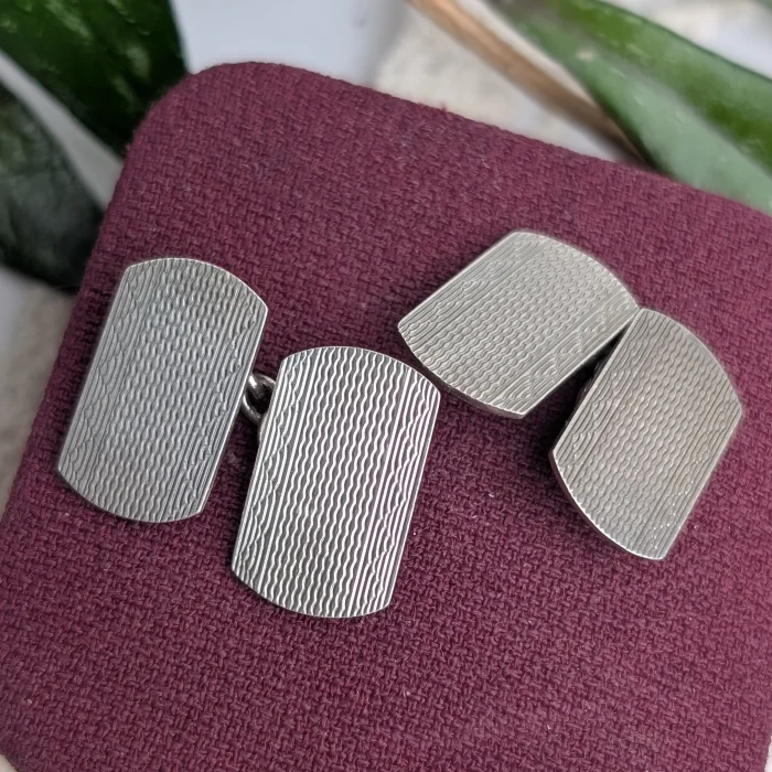 Vintage Silver Engine Turned Cufflinks Rectangle Chain Textured