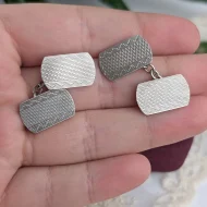Vintage Silver Engine Turned Cufflinks Rectangle Chain Textured - Image 2