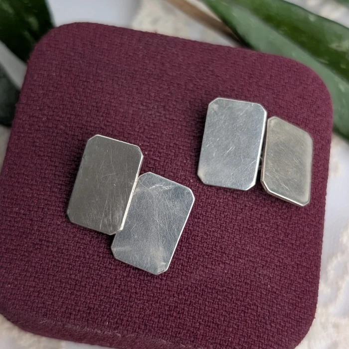 Vintage Silver Small Plain Cufflinks Rectangle Chain