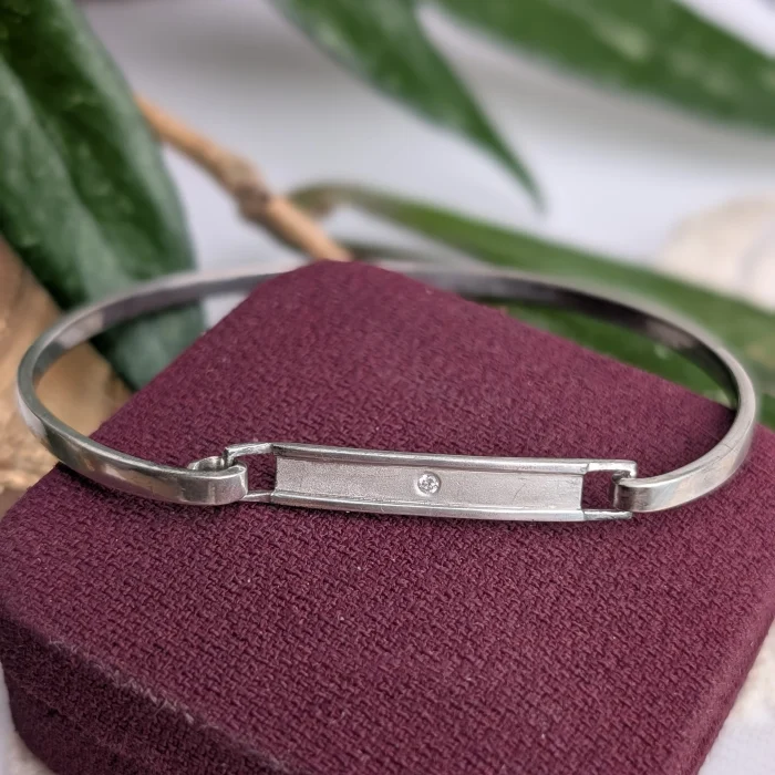 Vintage Sterling Silver Panel Bangle CZ Simple Modern
