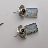 Vintage Sterling Silver Garnet Moonstone Dangle Drop Earrings Geometric - Image 7