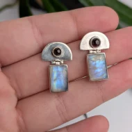 Vintage Sterling Silver Garnet Moonstone Dangle Drop Earrings Geometric - Image 3