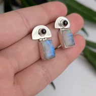 Vintage Sterling Silver Garnet Moonstone Dangle Drop Earrings Geometric - Image 2