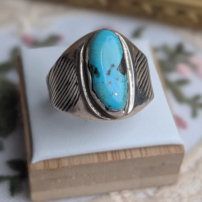 Vintage Sterling Silver Chunky Turquoise Signet Ring, Southwestern Navajo 925