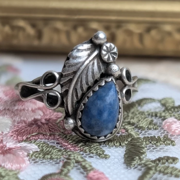 Vintage Sterling Silver Denim Lapis Feather Leaf Ring Keith James Navajo