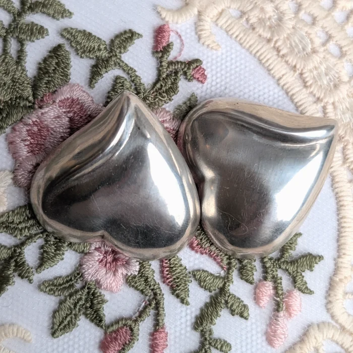 Vintage Sterling Silver Oversized Love Heart Puffy Earrings Chunky 925 Clip On