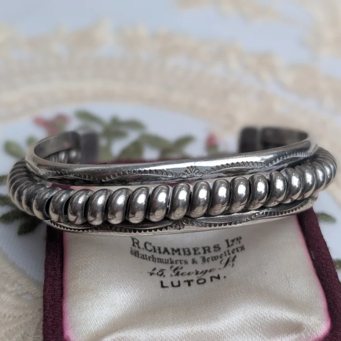 Vintage Sterling Silver Coil Cuff Bangle Twisted Native American Spiral Bracelet 925