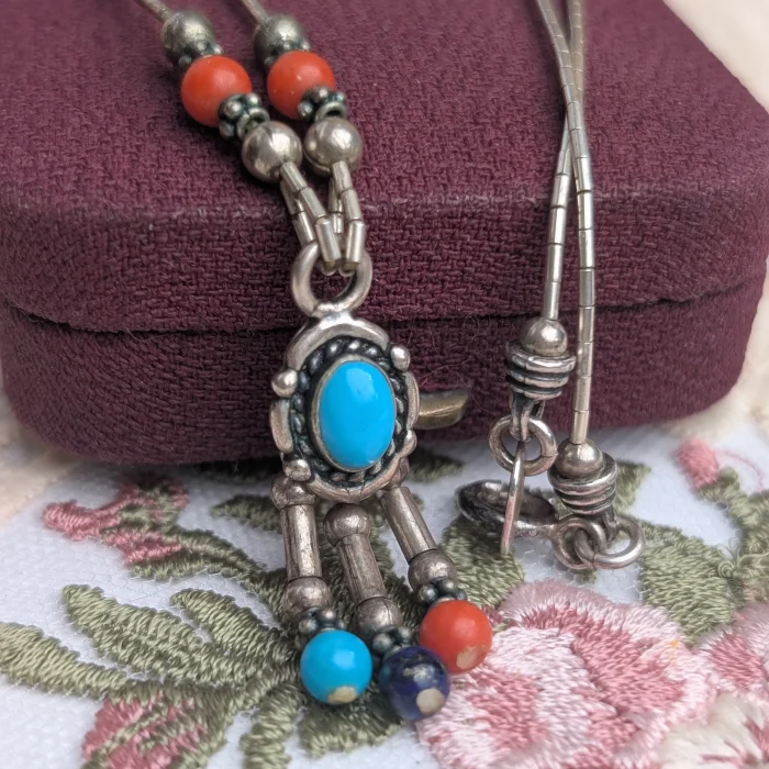 Vintage Sterling Silver Coral Turquoise Onyx Liquid Necklace Q.T Quoc Southwestern