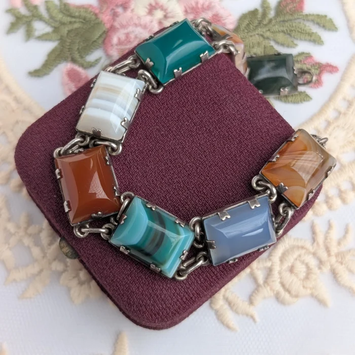Vintage Sterling Silver Scottish Agate Panel Bracelet Moss Banded Agate