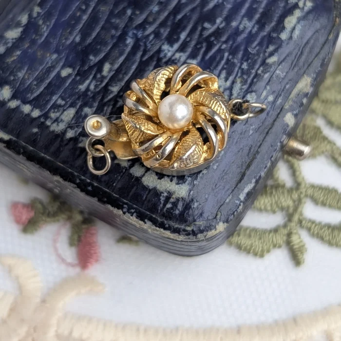 Vintage Silver Gold Plate Faux Pearl Round Box Clasp