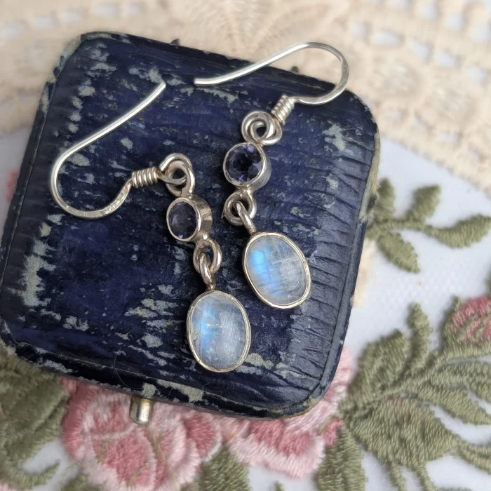 Vintage Silver Moonstone Dangle Drop Earrings