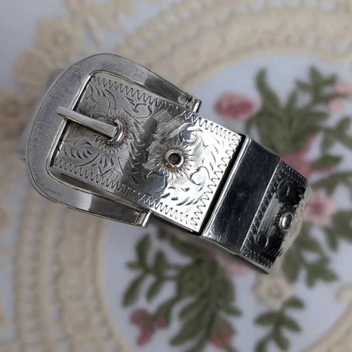 Vintage Sterling Silver Buckle Bangle 925 Wide Hinged Ornate Floral Etched