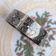 Vintage Sterling Silver Buckle Bangle Charles Horner Wide Ornate Floral Etched