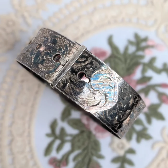 Vintage Sterling Silver Buckle Bangle Charles Horner Wide Ornate Floral Etched